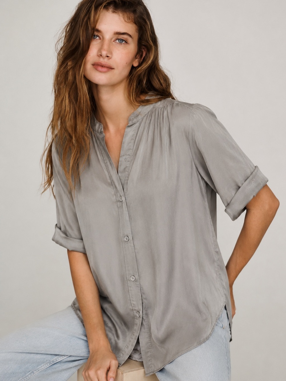 Anthropologie Maeve 100% Silk Button Down Tunic Blouse Size Small Short Sleeve